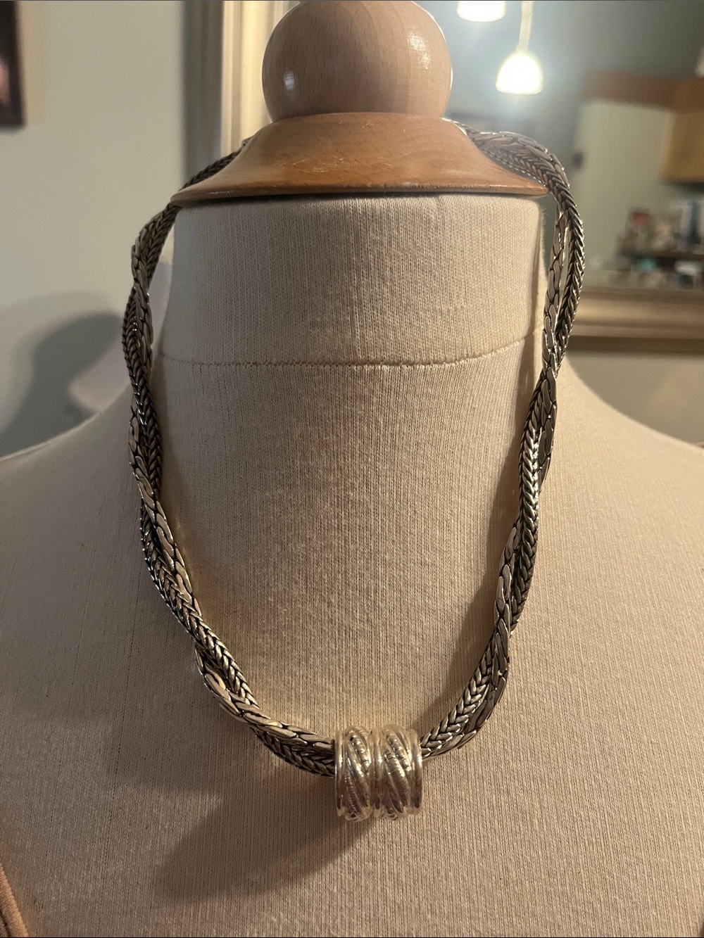 Silver-Tone Braided Chain Necklace with Decorative Barrel Pendant